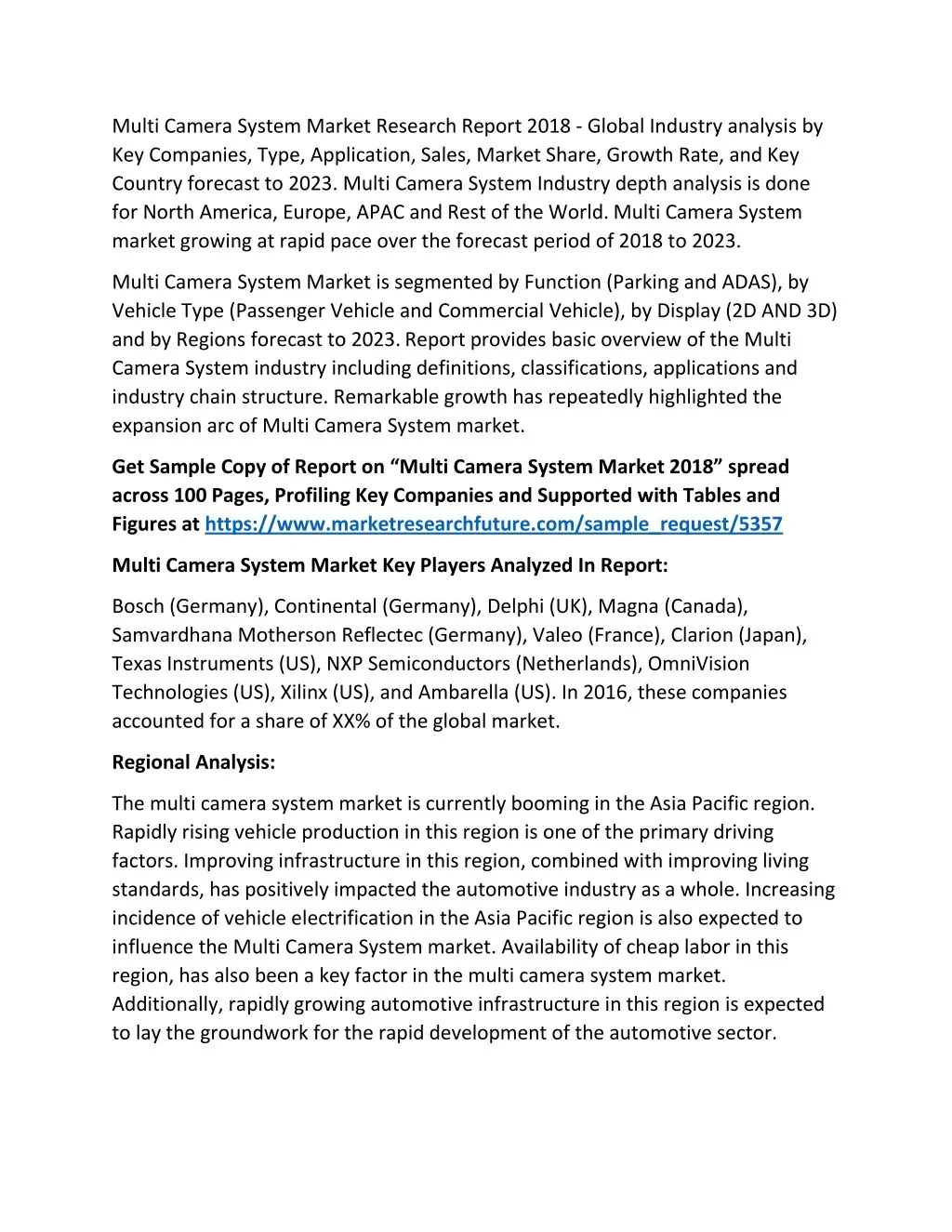 multi camera system market research report 2018