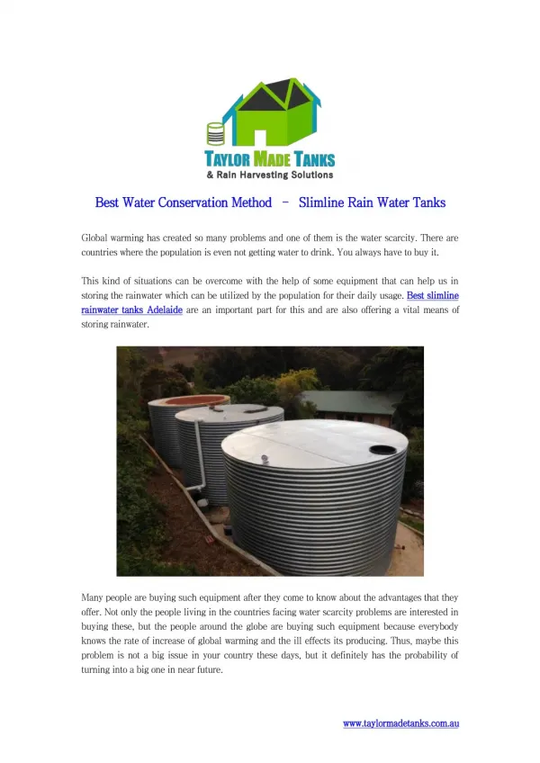 Best Water Conservation Method â€“ Slimline Rain Water Tanks
