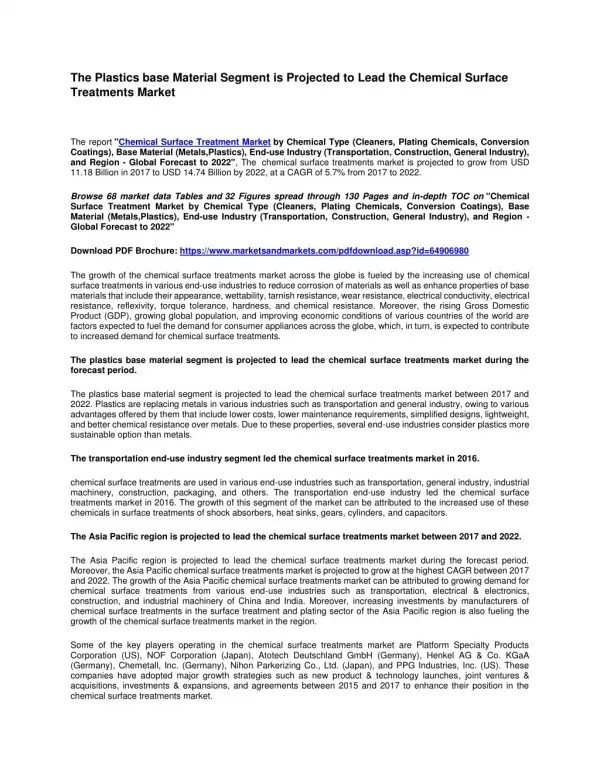 The Plastics base Material Segment is Projected to Lead the Chemical Surface Treatments Market