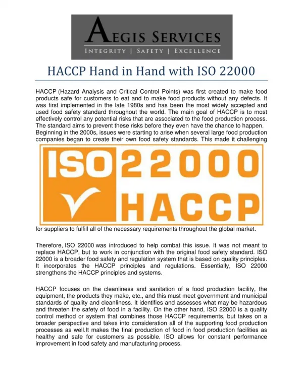 HACCP Hand in Hand with ISO 22000