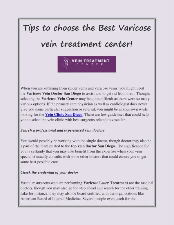Tips to choose the Best Varicose vein treatment center