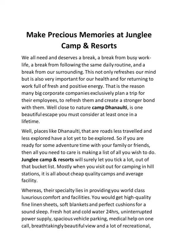 Make precious memories at Junglee Camp & Resorts