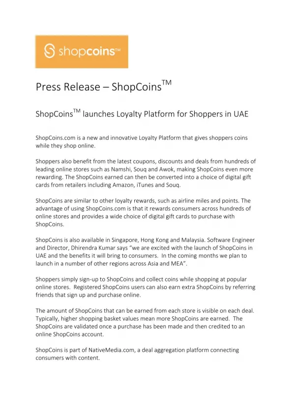 ShopCoins launches Loyalty Platform for Shoppers in UAE