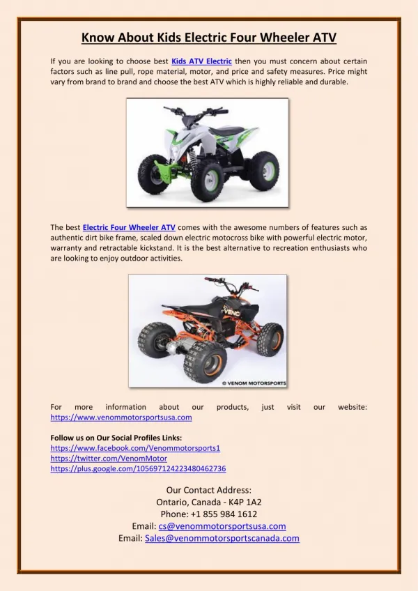 Know About Kids Electric Four Wheeler ATV - Venom Motorsports
