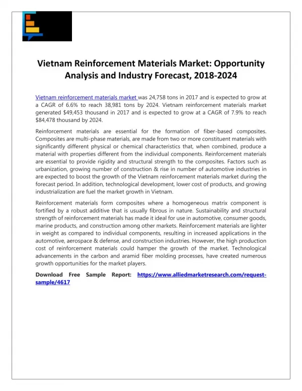 Vietnam Reinforcement Materials Market: Opportunity Analysis and Industry Forecast, 2018-2024