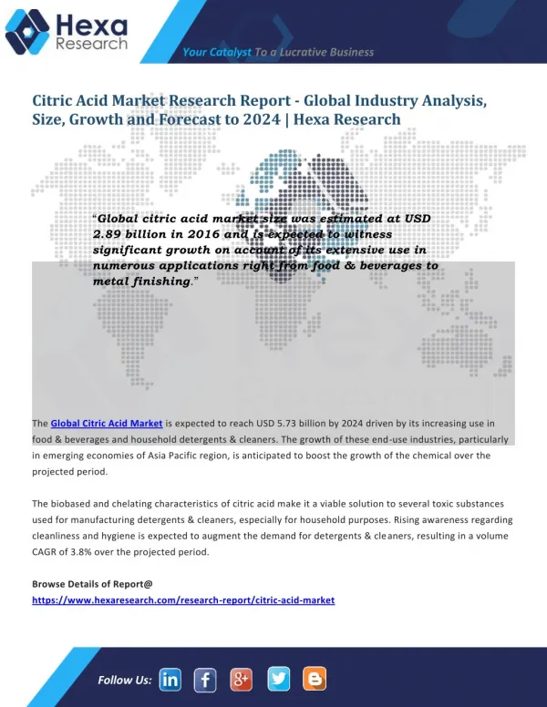 Global Citric Acid Industry Research Report - Market Analysis and Forecast to 2024