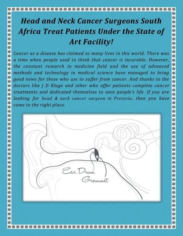 Head and Neck Cancer Surgeons South Africa Treat Patients Under the State of Art Facility!