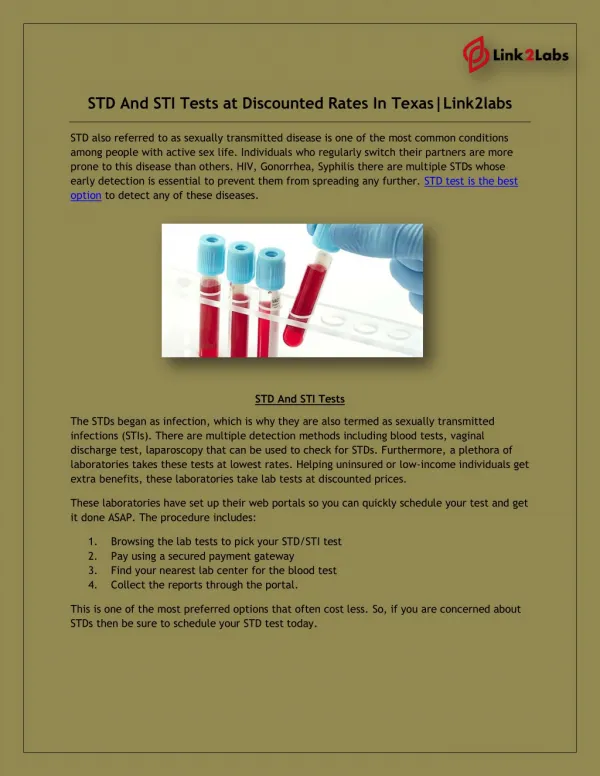 STD And STI Tests at Discounted Rates In Texas|Link2labs