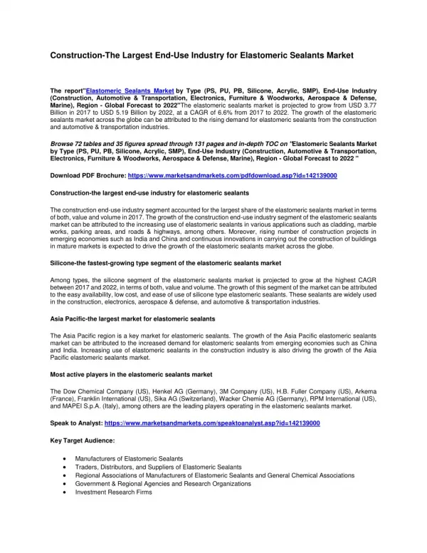 Construction-The Largest End-Use Industry for Elastomeric Sealants Market