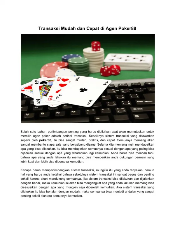 Transaksi Mudah dan Cepat di Agen Poker88