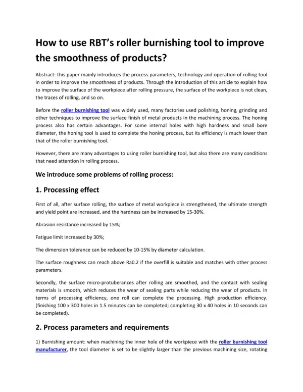 How to use RBT’s roller burnishing tool to improve the smoothness of products