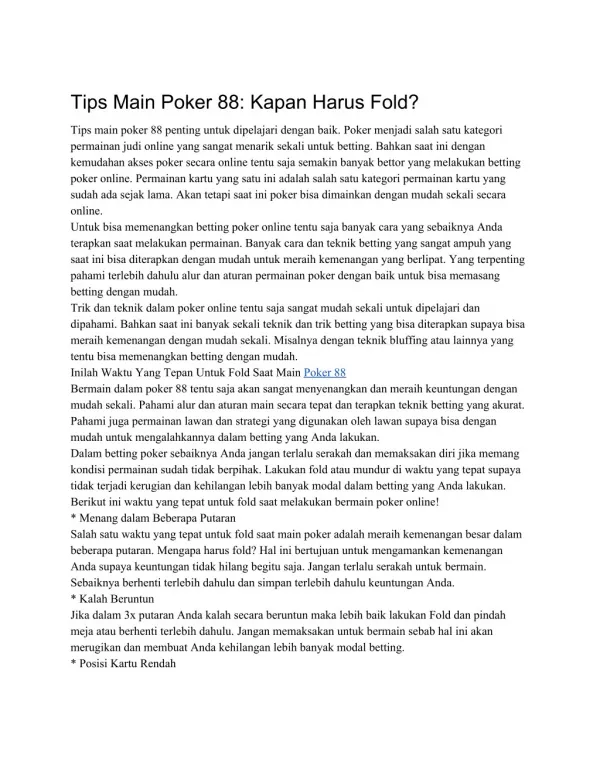 Tips Main Poker 88_ Kapan Harus Fold