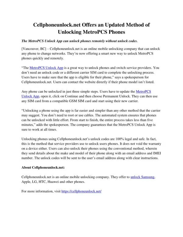 Cellphoneunlock.net Offers an Updated Method of Unlocking MetroPCS Phones