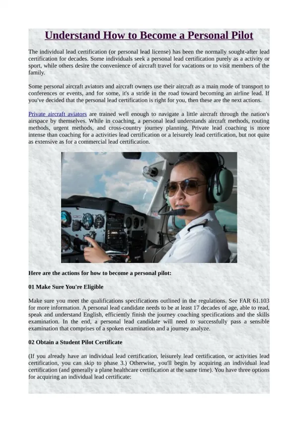 Understand How to Become a Personal Pilot