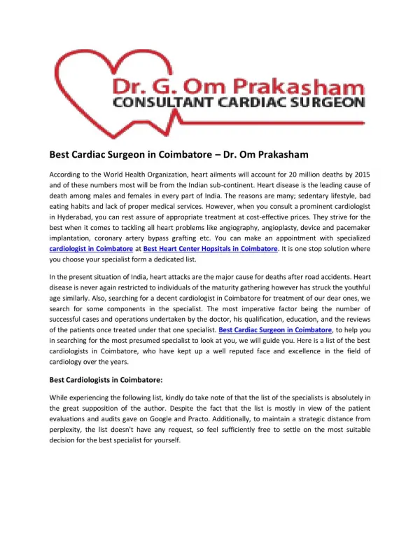 Best Cardiac Surgeon in Coimbatore â€“ Dr. Om Prakasham