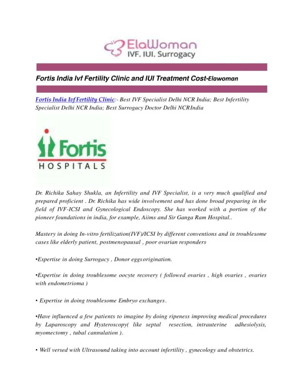 Fortis India Ivf Fertility Clinic and IUI Treatment Cost