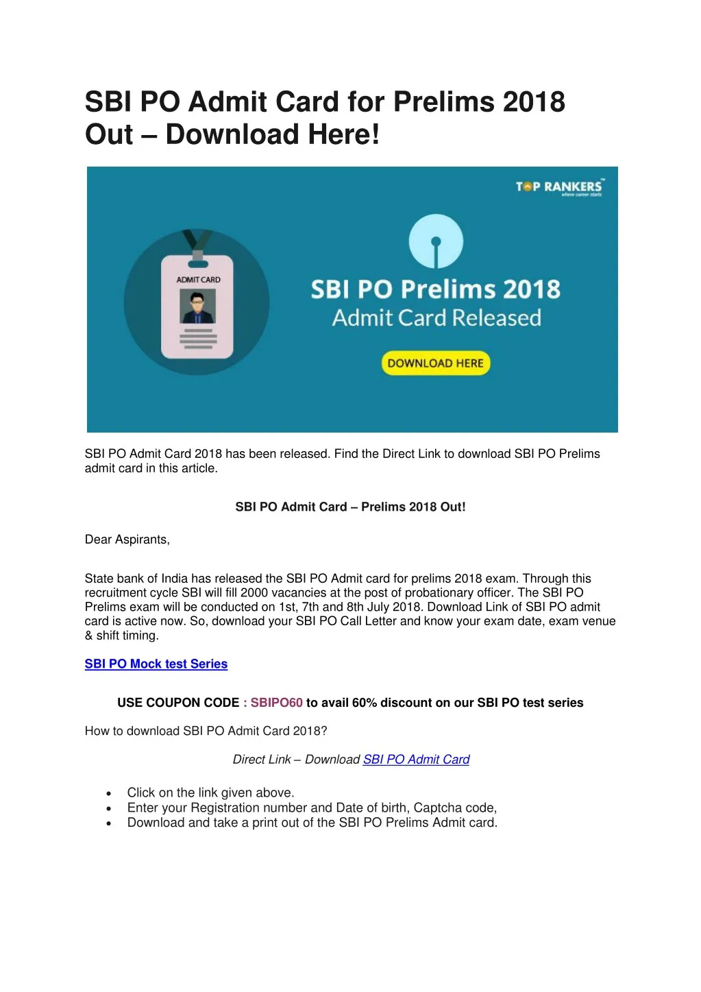 sbi po admit card for prelims 2018 out download