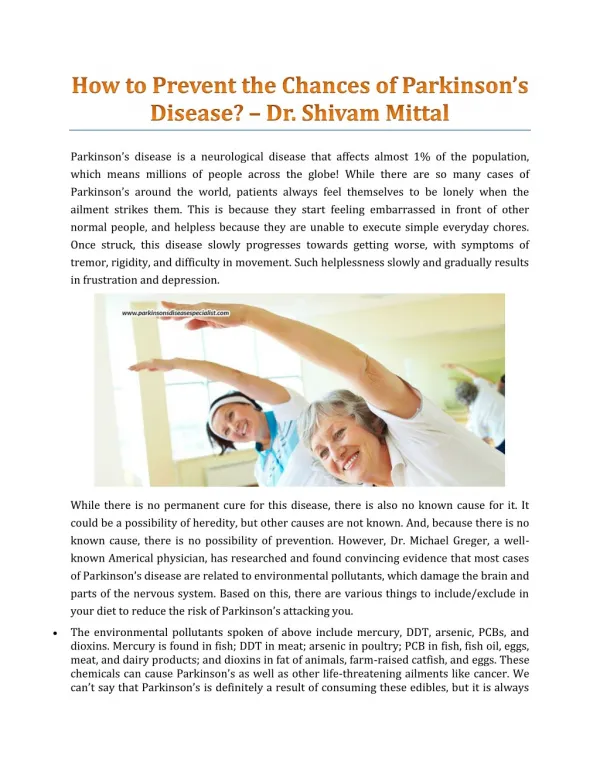 How To Prevent The Chances Of Parkinson’s Disease? - Dr. Shivam Mittal
