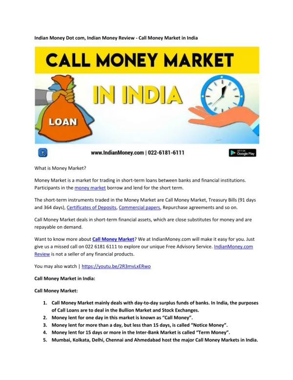 Indian Money Dot com, Indian Money Review - Call Money Market in India