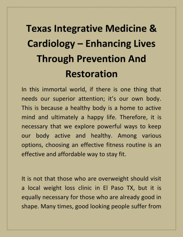 Texas Integrative Medicine & Cardiology â€“ Enhancing Lives Through Prevention And Restoration