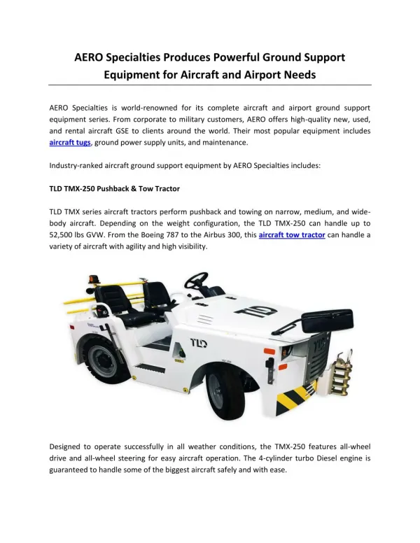 AERO Specialties Produces Powerful Ground Support Equipment for Aircraft and Airport Needs