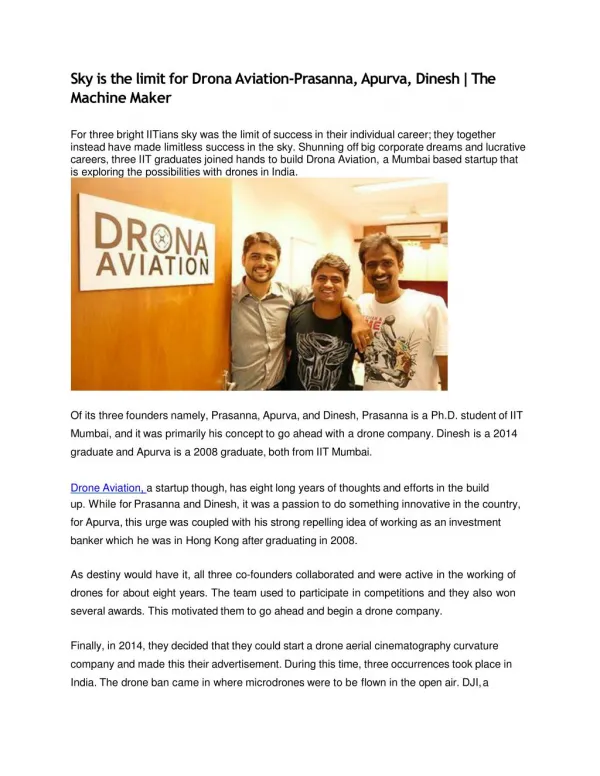 Sky is the limit for Drona Aviation-Prasanna Shevare, Apurva Godbole, Dinesh Sain | The Machine Maker