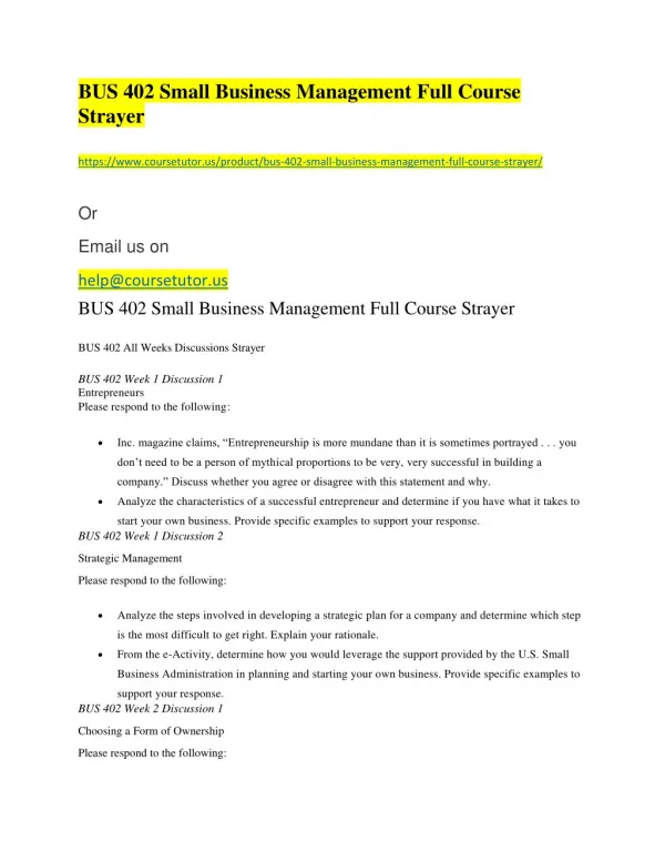 BUS 402 Small Business Management Full Course Strayer