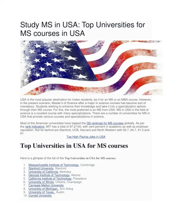 Study MS in USA: Top Universities for MS courses in USA