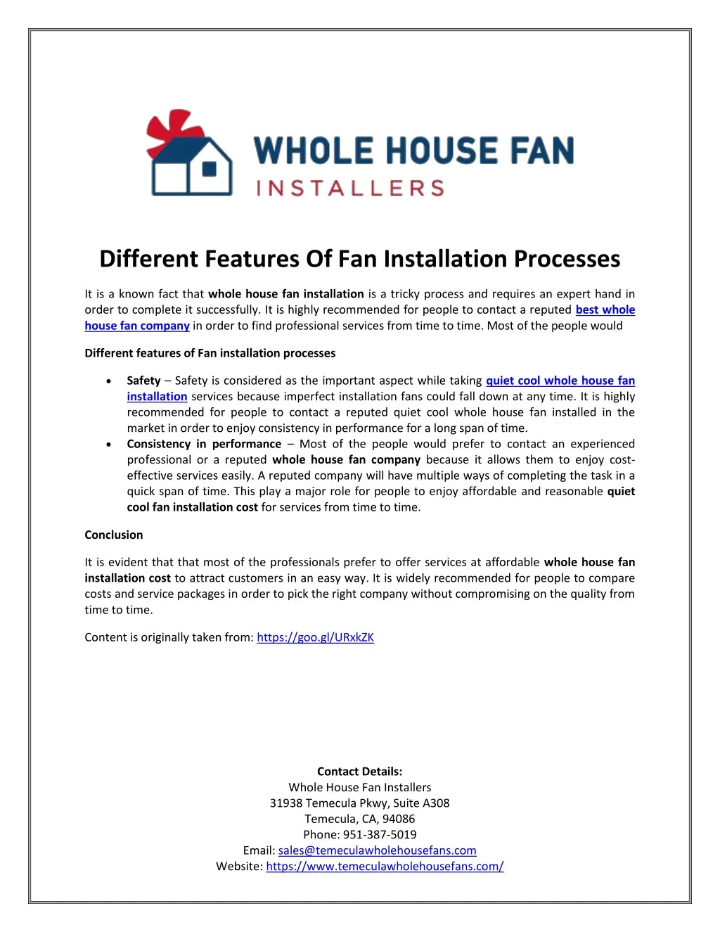 different features of fan installation processes