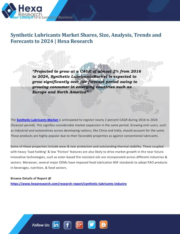 Synthetic Lubricants Market Size| Industry Report, 2024