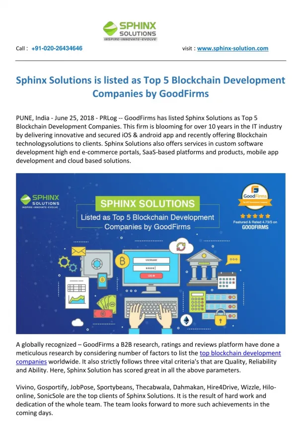 Sphinx Solutions is listed as Top 5 Blockchain Development Companies by GoodFirms