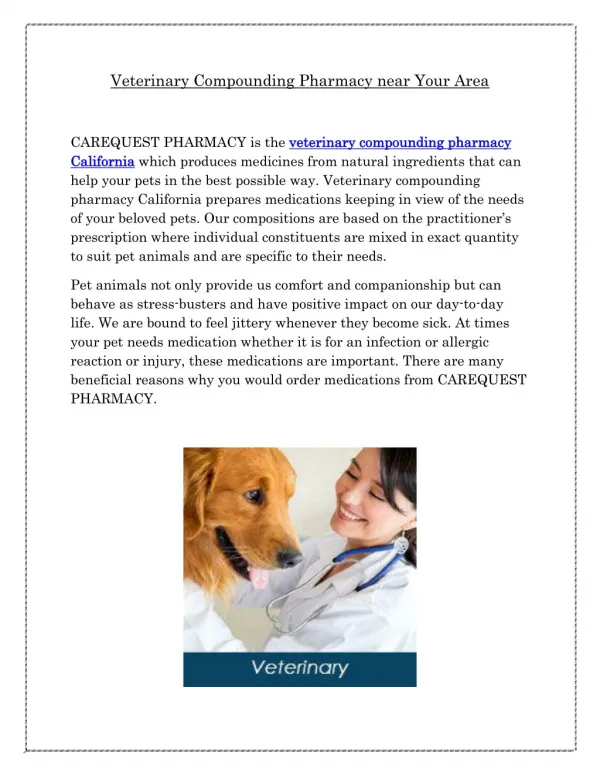 Veterinary Compounding Pharmacy California