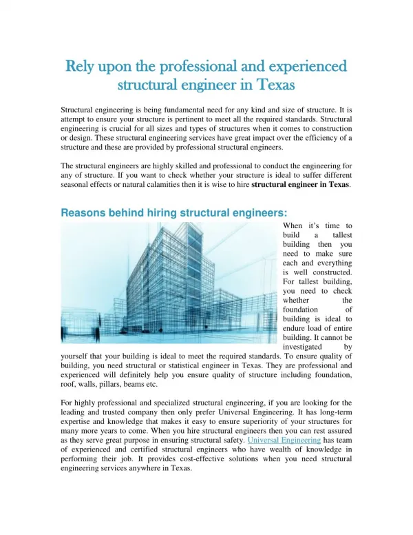 Rely upon the professional and experienced structural engineer in Texas