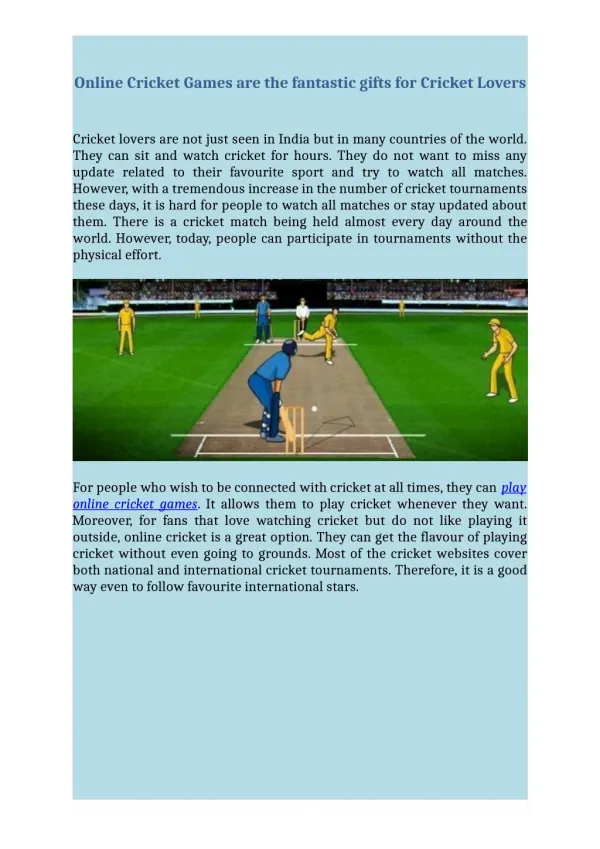 Online Cricket Games are the fantastic gifts for Cricket Lovers
