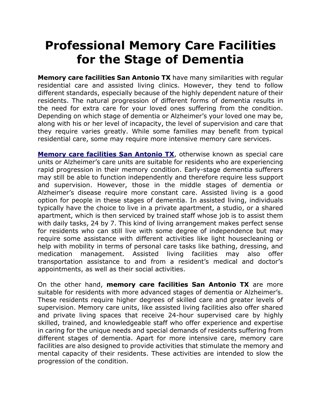 professional memory care facilities for the stage