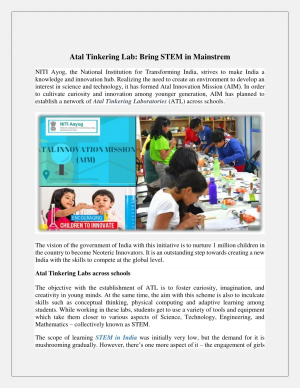 Atal Tinkering Lab: Bring STEM in Mainstrem