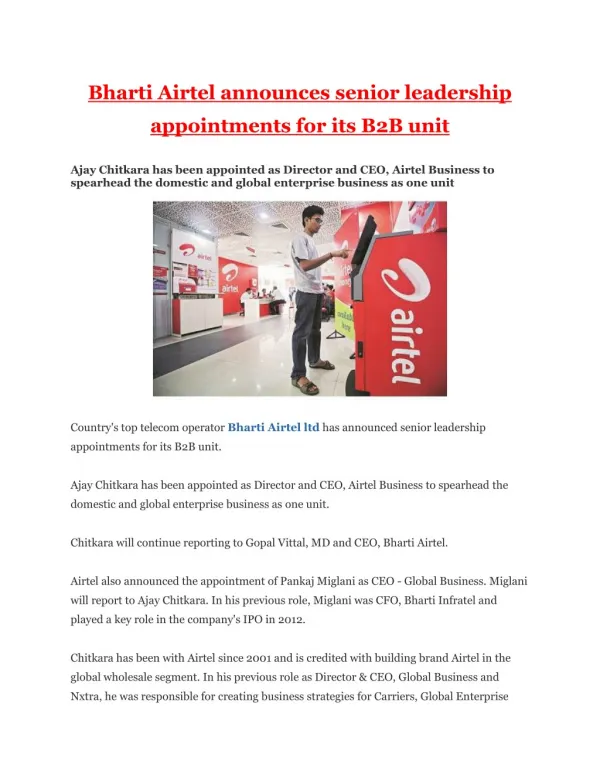 Bharti Airtel announces senior leadership appointments for its B2B unit