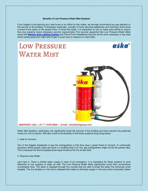 Low Pressure Water Mist Systems