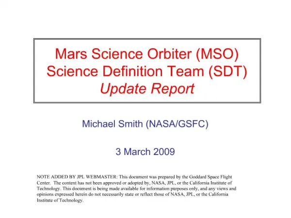 Mars Science Orbiter MSO Science Definition Team SDT Update Report