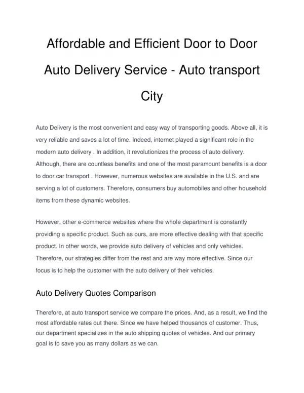 Affordable and effiicient door to door auto delivery service auto transport city