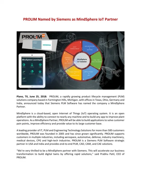 PROLIM Named by Siemens as MindSphere Partner