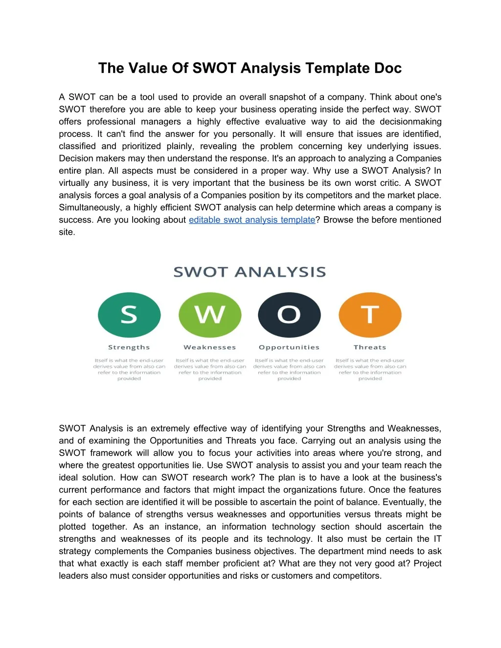the value of swot analysis template doc