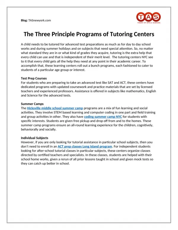 The Three Principle Programs of Tutoring Centers
