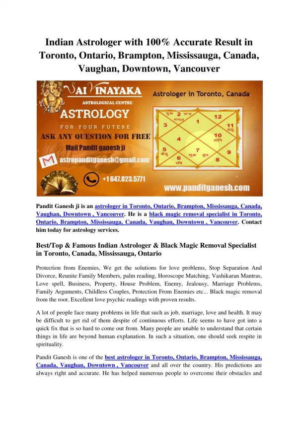 Indian Astrologer with 100% Accurate Result in Toronto, Ontario, Brampton, Mississauga, Canada, Vaughan, Downtown, Vanco