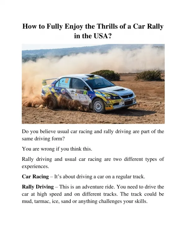 How to Fully Enjoy the Thrills of a Car Rally in the USA?