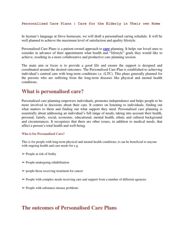 Personalised Care Plans | Care for the elderly in their own home