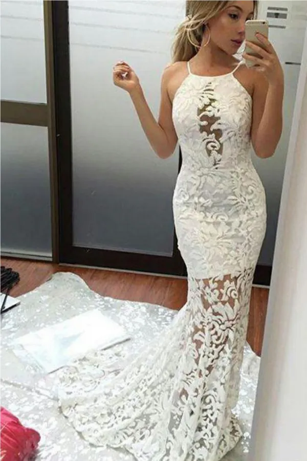 Charming Mermaid Lace Wedding Dress, Brush Train Sexy Ivory Bridal Dress, Lace Prom Gown N895