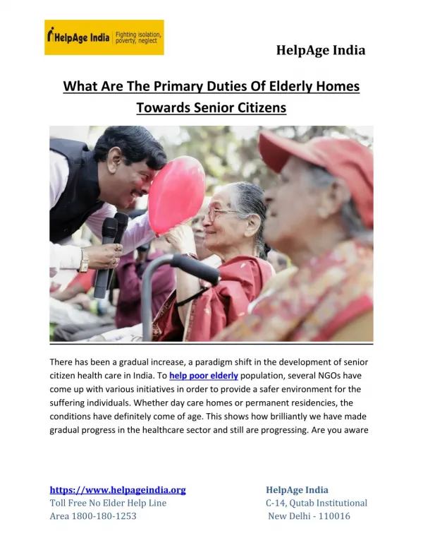 What are the primary duties of elderly homes towards senior citizens