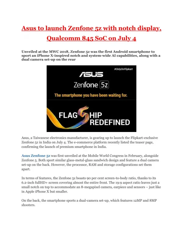 Asus to launch Zenfone 5z with notch display, Qualcomm 845 SoC on July 4