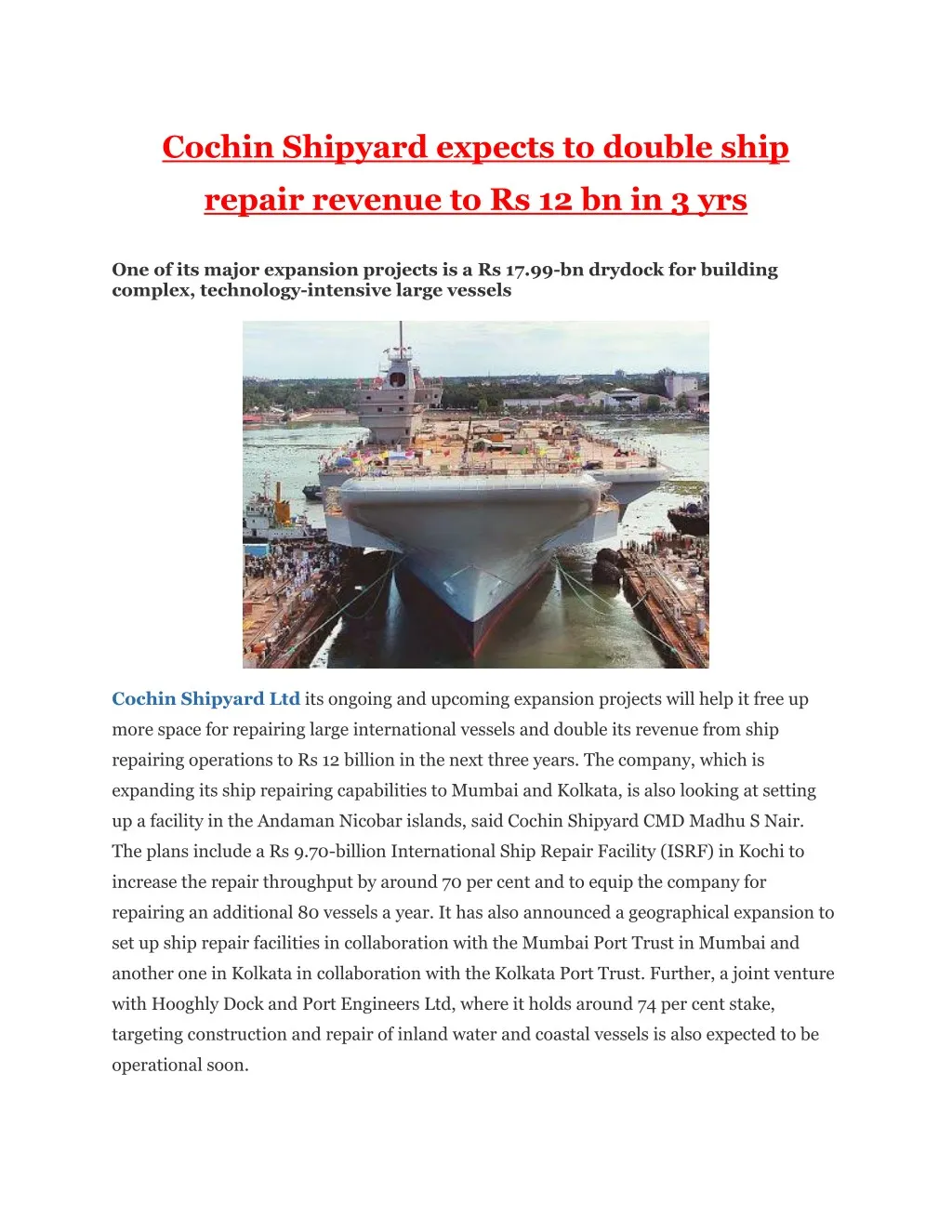 cochin shipyard expects to double ship